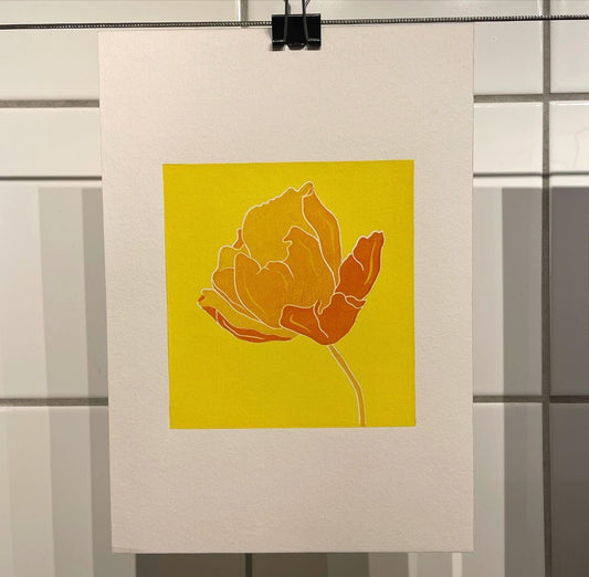 Linocut: Flower in yellow/orange tones (A5)