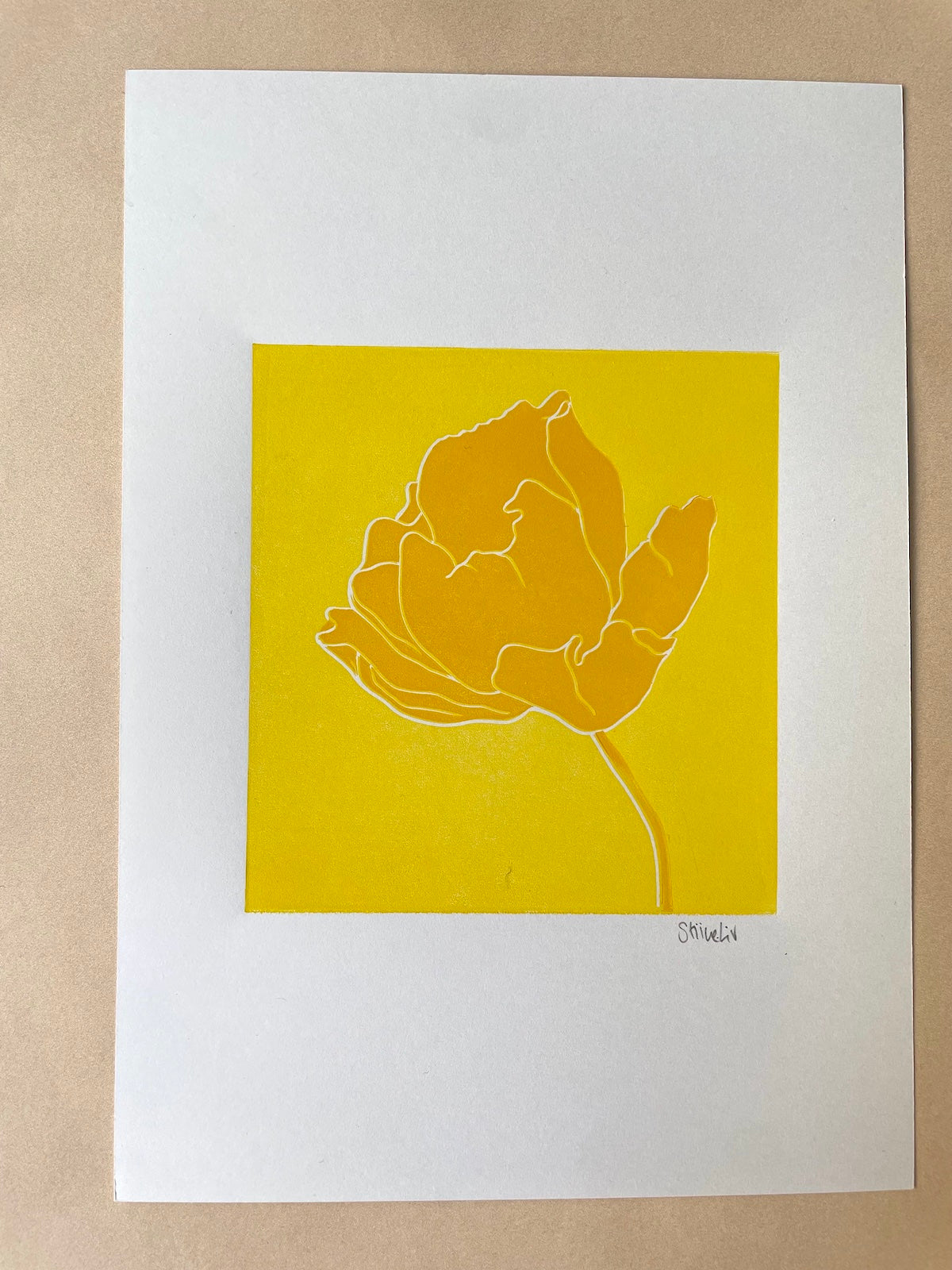 Linocut: Flower in yellow tones - Prototypes / 2. tier prints