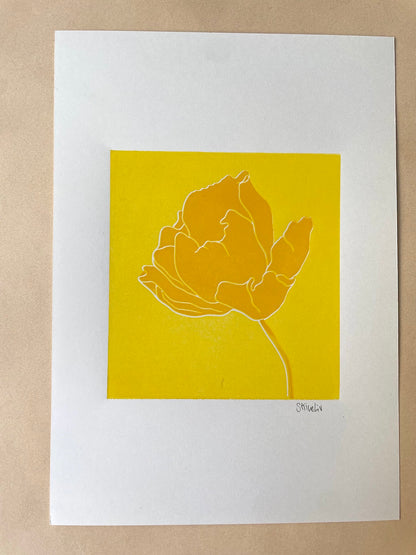 Linocut: Flower in yellow tones - Prototypes / 2. tier prints