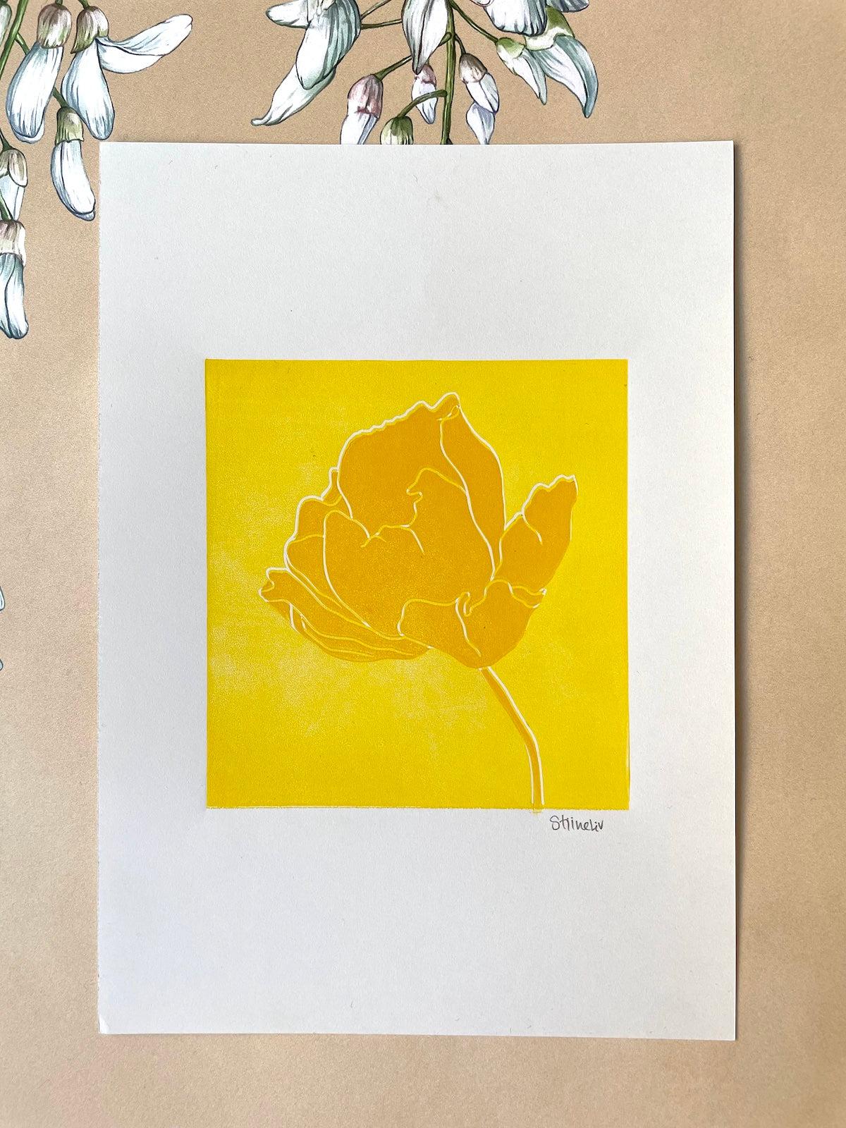 Linocut: Flower in yellow tones - Prototypes / 2. tier prints