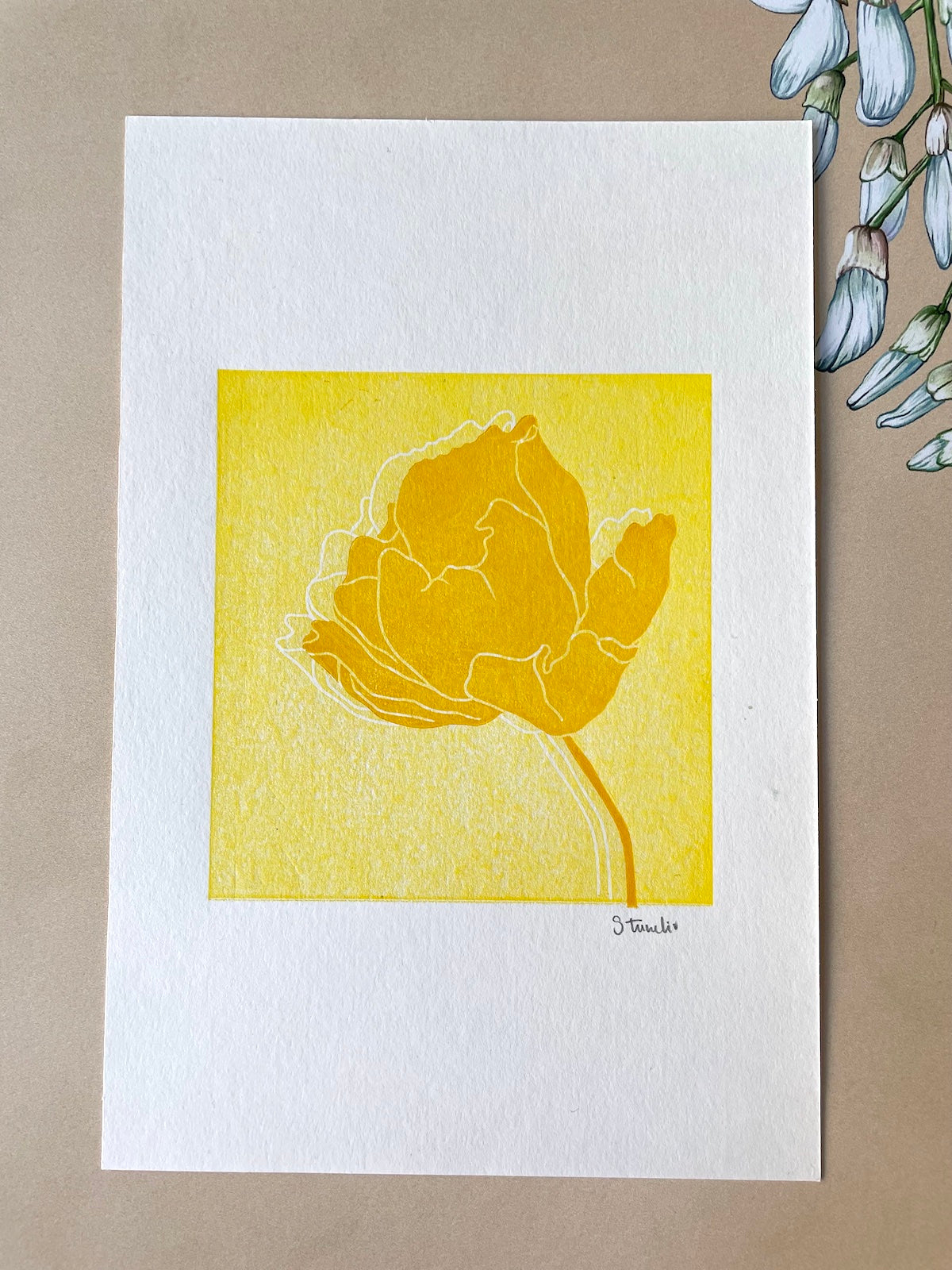 Linocut: Flower in yellow tones - Prototypes / 2. tier prints