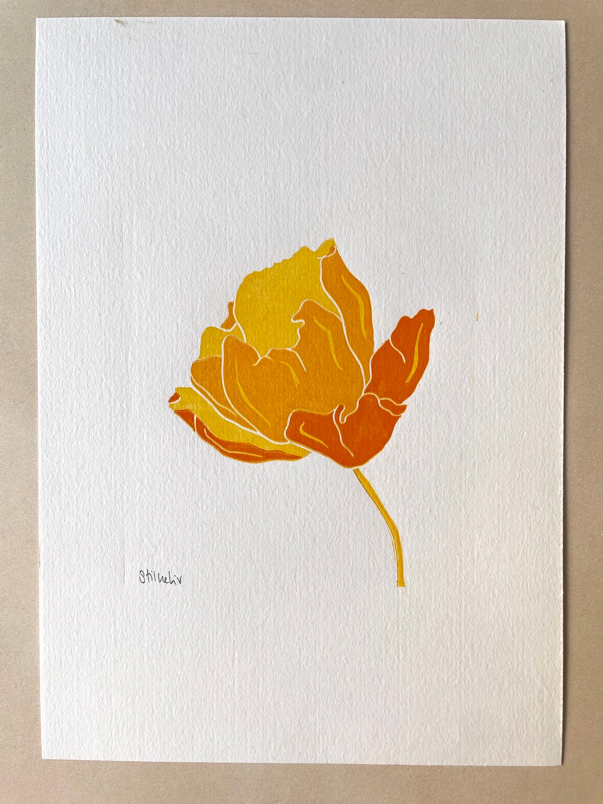 Linocut: Flower in yellow tones - Prototypes / 2. tier prints