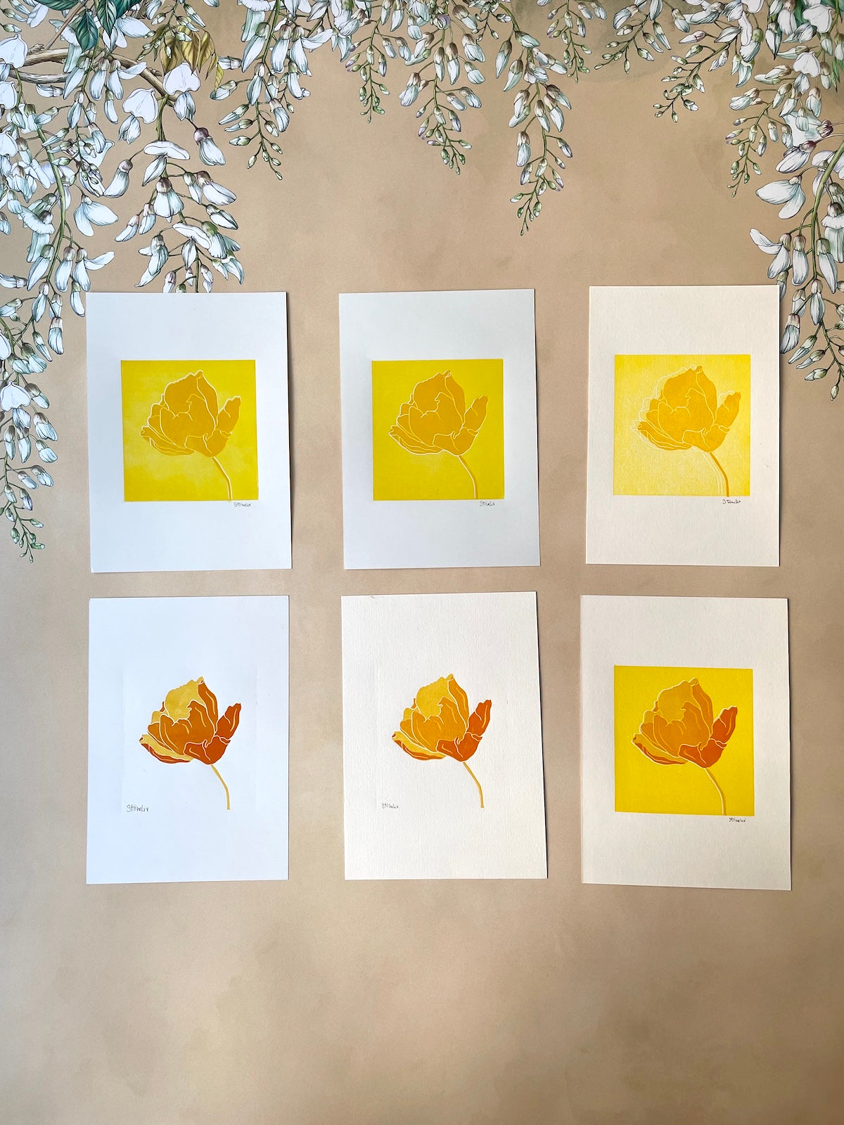 Linocut: Flower in yellow tones - Prototypes / 2. tier prints