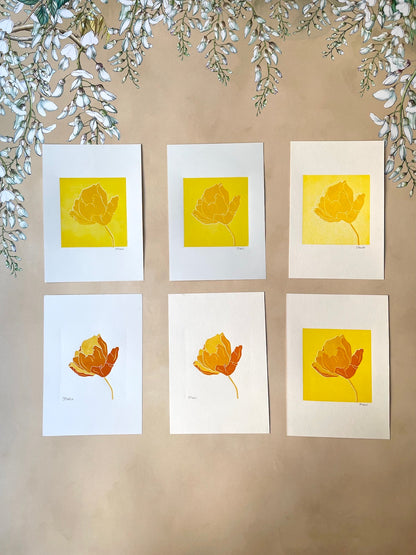 Linocut: Flower in yellow tones - Prototypes / 2. tier prints