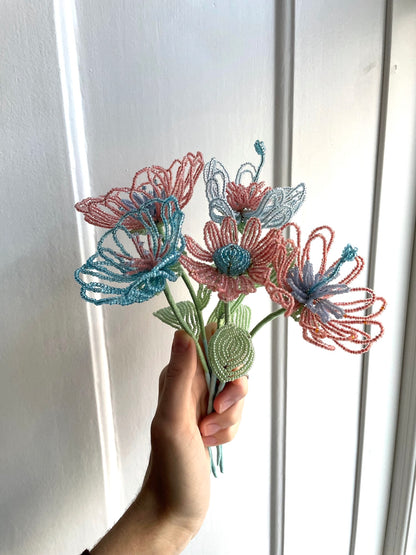 Perleblomster: Fairy flower buket - lyserød/lyseblå (S)