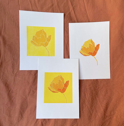 Linocut: Flower in yellow tones (A6)